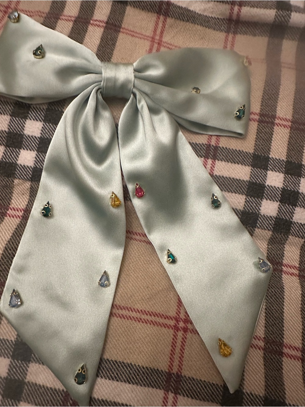 Satin Bow Hair Clip with beautiful Multicolor Teardrop Gems - Light Sage